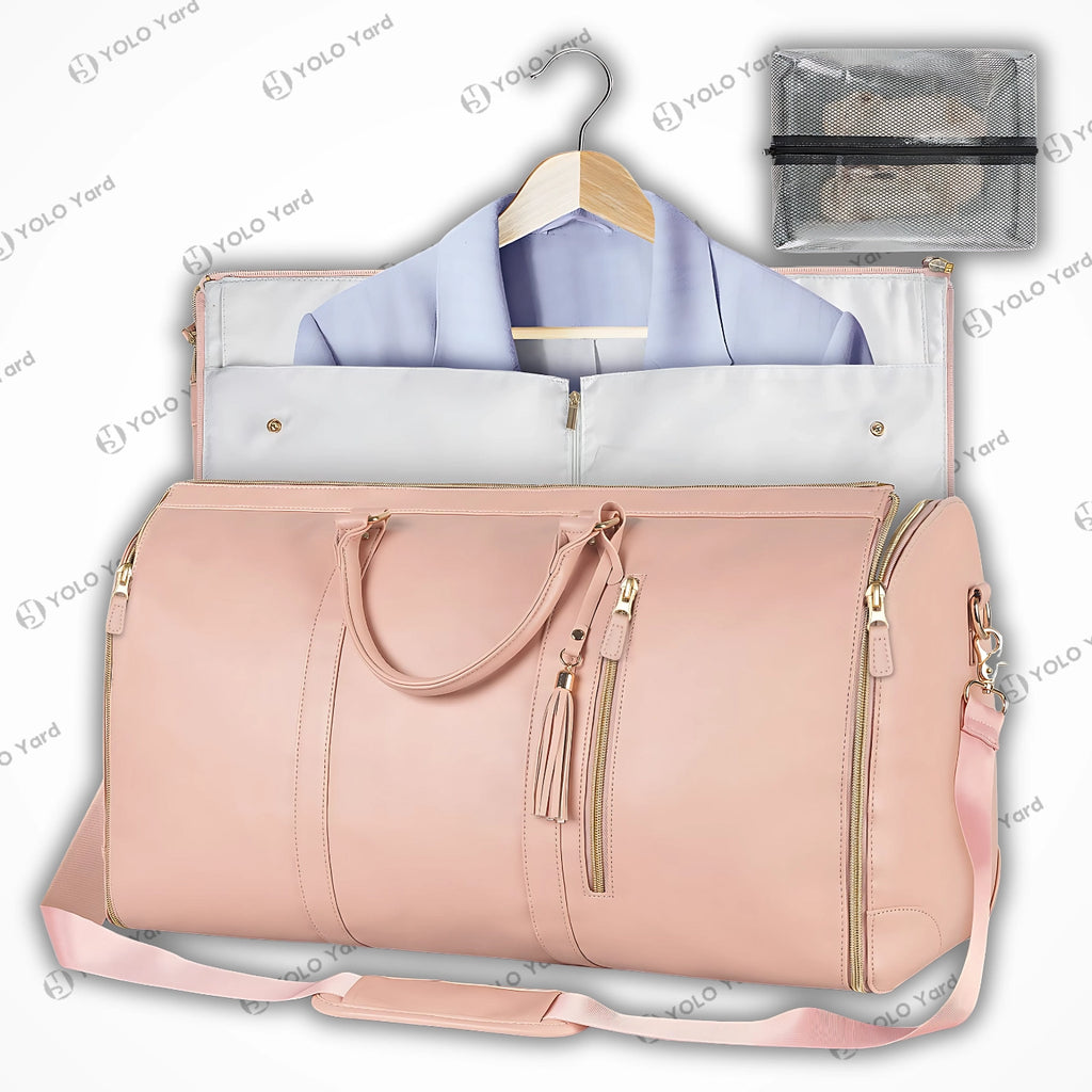 Chic-Fold 75L pink travel duffel bag with garment storage and a detachable accessory pouch, perfect for stylish travel.