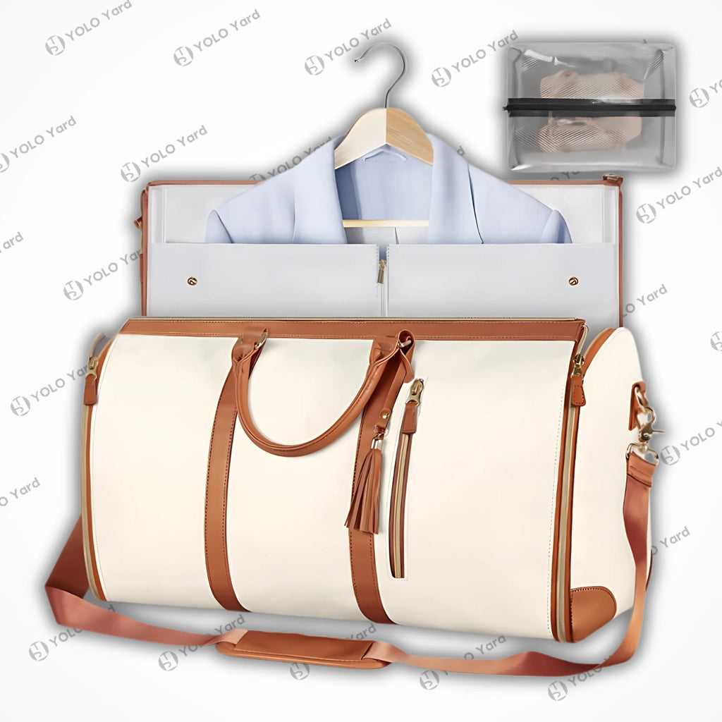 Chic-Fold 75L travel duffel bag in white with brown accents, featuring garment storage and a transparent accessory pouch.