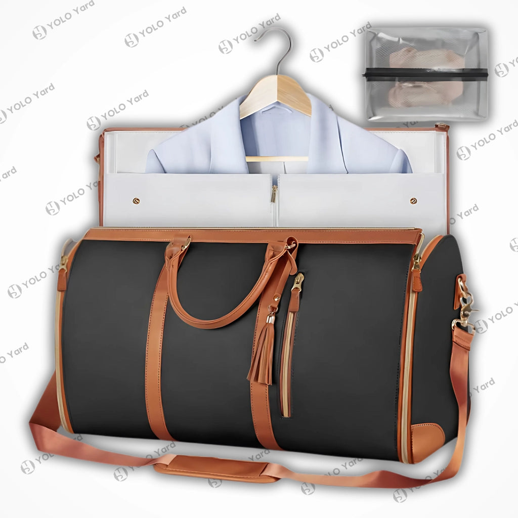 Chic-Fold 75L black travel duffel bag with brown accents, showcasing garment storage and a detachable accessory pouch.