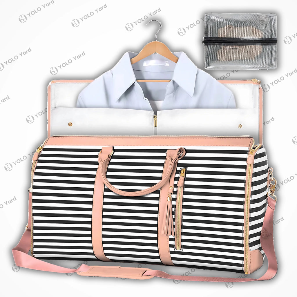 Chic-Fold 75L striped travel duffel bag in black and white with pink accents, designed for garment storage and travel convenience.