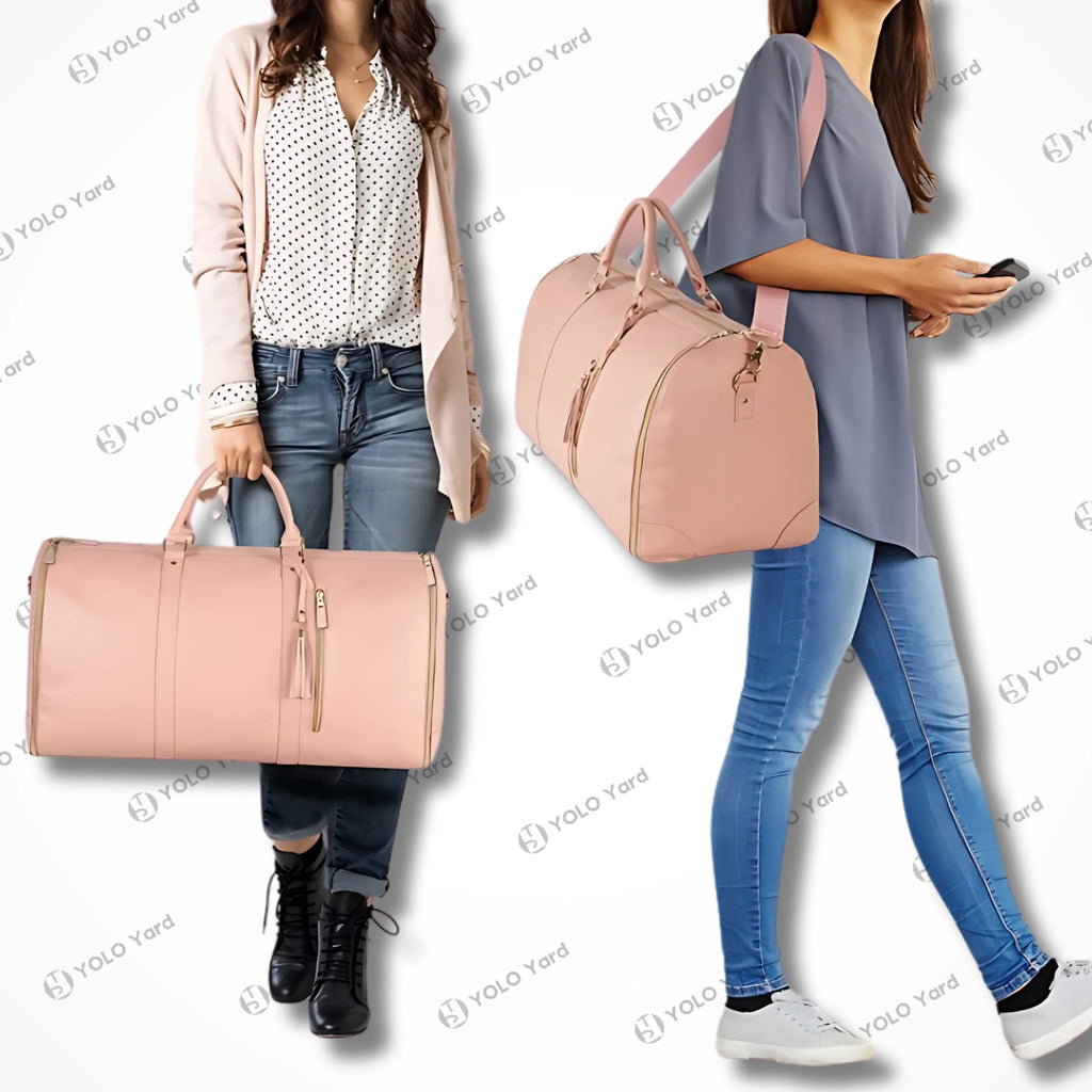 Chic-Fold 75L lightweight travel duffel bag in pink, carried by two women in casual outfits, perfect for stylish travel.